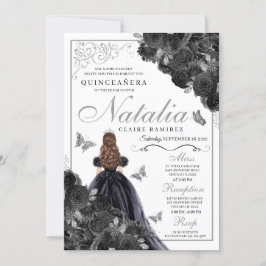 Invitación Elegante Invita de Quinceanera floral negro y plat
