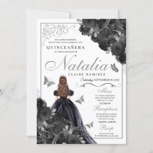 Invitación Elegante Invita de Quinceanera floral negro y plat