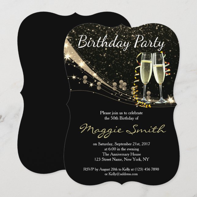 Invitación Elegante invitada a la fiesta de cumpleaños de Cha (Anverso / Reverso)