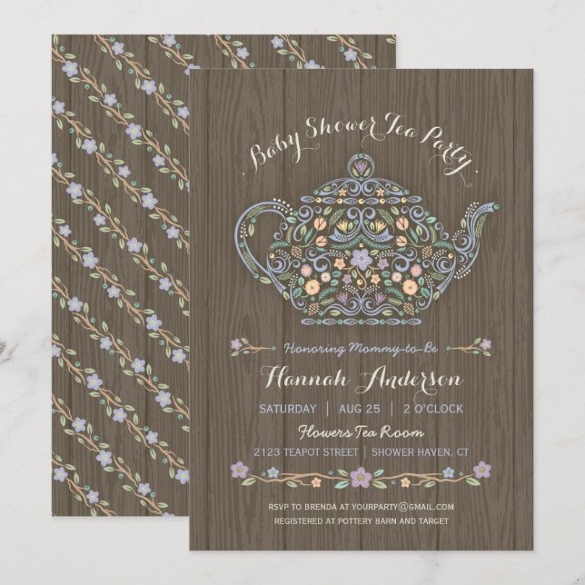 Invitación Elegante invitada Baby Shower de Woodland Teapot (Anverso / Reverso)