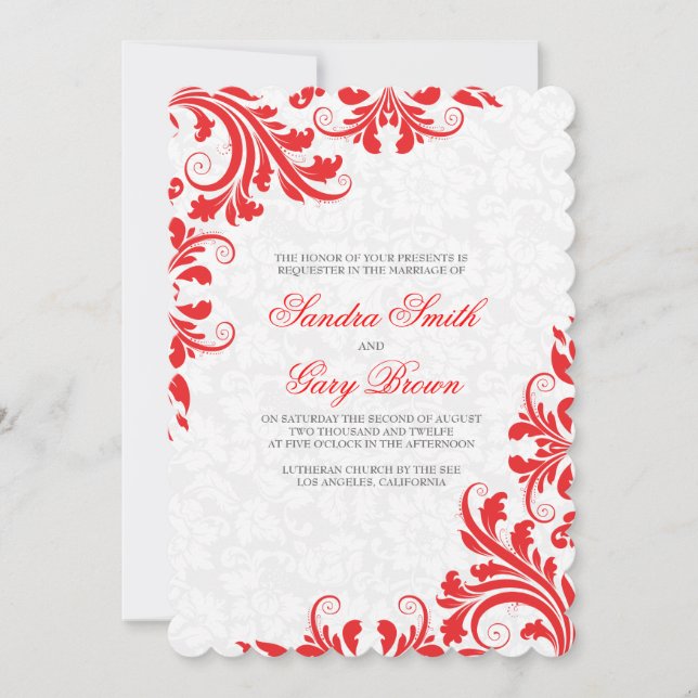Invitación Elegante invitada de bodas blancas de encaje rojo (Anverso)