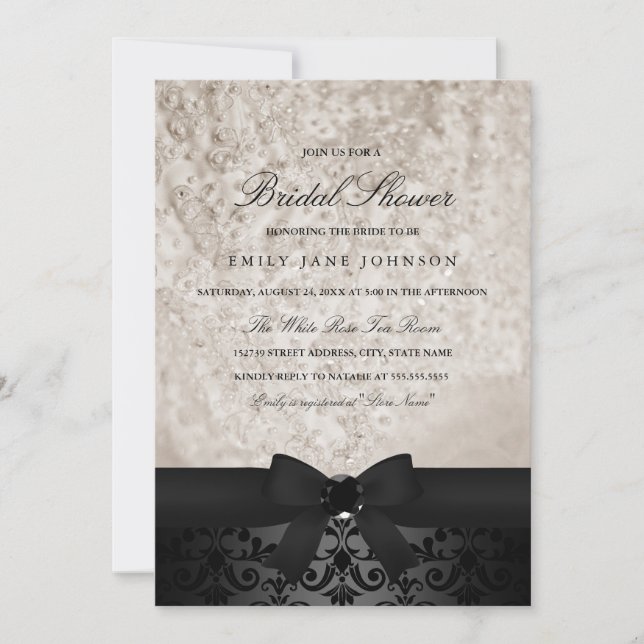 Invitación Elegante invitada de ducha de novias en negro e ma (Anverso)