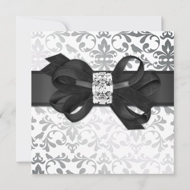 Invitación Elegante invitado blanco y plateado con arenque de (Anverso)