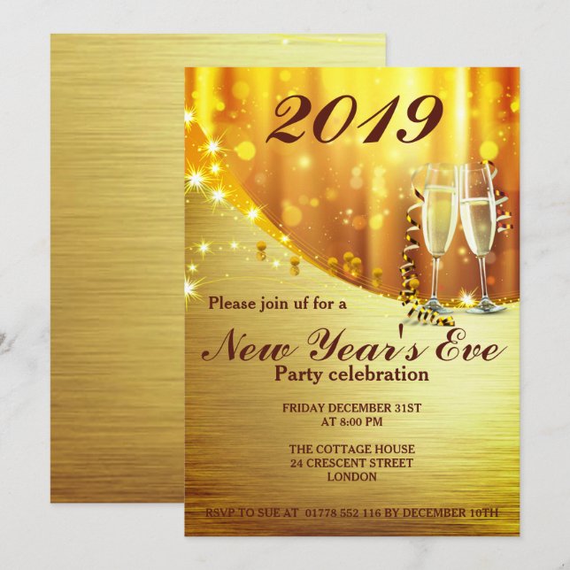 Invitación Elegante invitado Fiesta de Nochevieja de Oro (Anverso / Reverso)