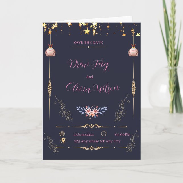 Invitación Elegante invitat Boda floral negro y geométrico (Anverso)