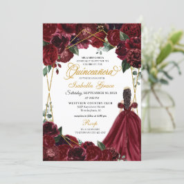 Invitación Elegante Invitat Burgundy & Gold Floral Quinceaner