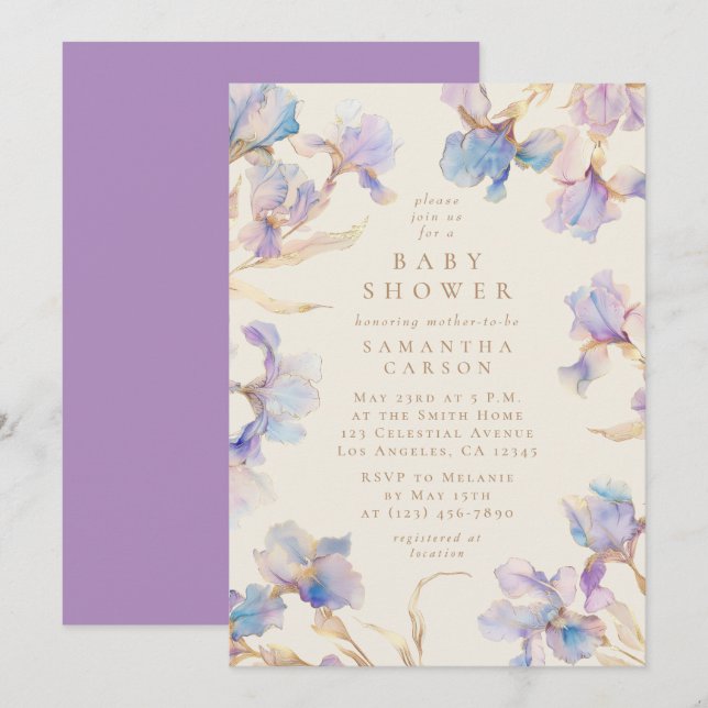 Invitación Elegante Iris Floral Watercolor Baby Shower (Anverso / Reverso)