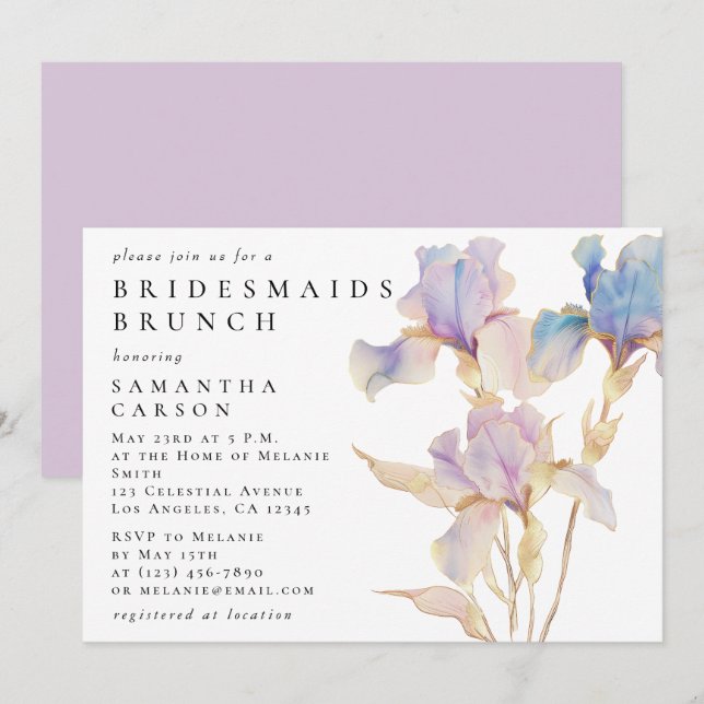 Invitación Elegante Iris Floral Watercolor Bridesmaids Brunch (Anverso / Reverso)