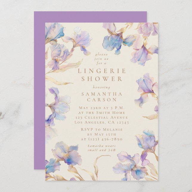 Invitación Elegante Iris Floral Watercolor Lingerie Shower (Anverso / Reverso)