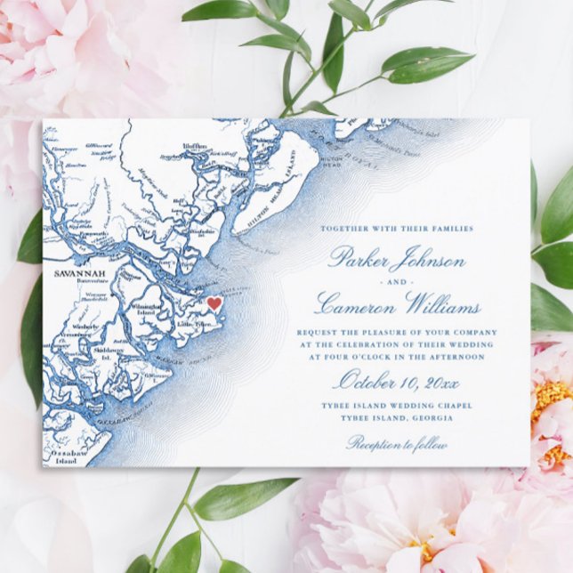 Invitación Elegante Isla Tybee Georgia Mapa Boda Azul de la M (Elegant Tybee Island Georgia Wedding Invitation with navy blue map from Coastal Map Designs)