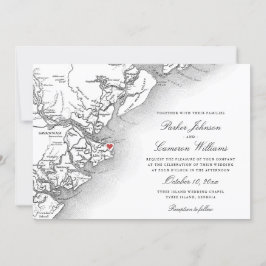 Invitación Elegante Isla Tybee Mapa GA Boda Blanco Negro