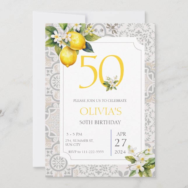 Invitación Elegante italiano limón mediterráneo 50 cumpleaños (Anverso)