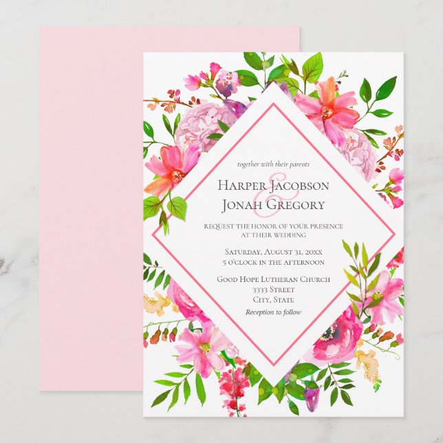 Invitación Elegante jardín acuarela Boda de aire floral rosa (Anverso / Reverso)