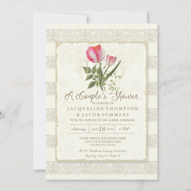 Invitación Elegante Jardín Botánico Ducha de Parejas Florales (Anverso)