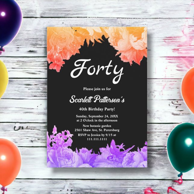 Invitación Elegante Jardín Botánico Neon Floral 40 cumpleaños (Subido por el creador)