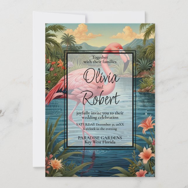Invitación Elegante jardín de boho tropical de flamingo rosa  (Anverso)