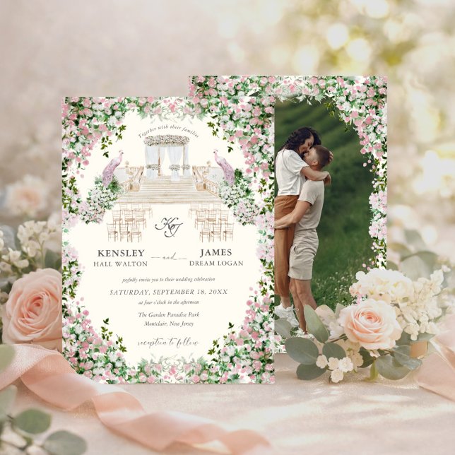 Invitación Elegante jardín de rosado con boda fotográfica (Subido por el creador)