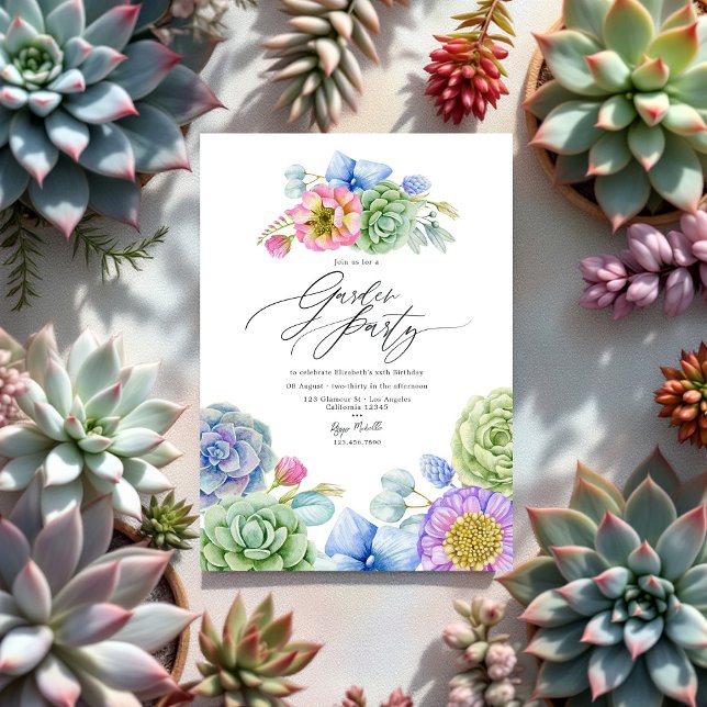 Invitación Elegante Jardín de Suculentas con Pastel (Elegant Pastel Succulent Garden Party Invitation)