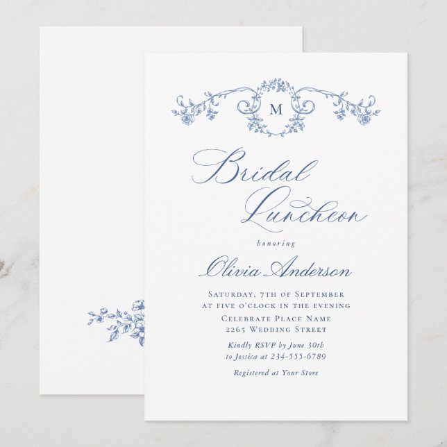 Invitación Elegante jardín de tela azul francés BRIDAL LUNCHE (Anverso / Reverso)