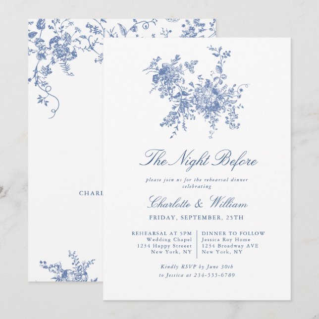 Invitación Elegante Jardín de tela azul francés para la cena (Anverso / Reverso)