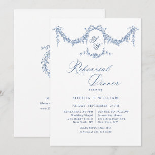 Invitación Elegante Jardín de tela azul francés para la cena