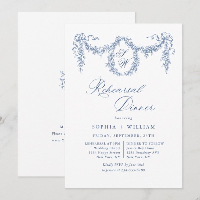 Invitación Elegante Jardín de tela azul francés para la cena (Anverso / Reverso)