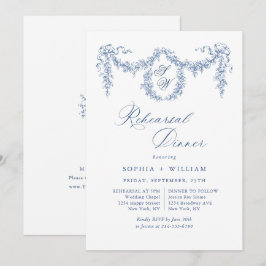 Invitación Elegante Jardín de tela azul francés para la cena