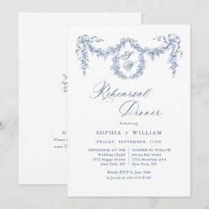 Invitación Elegante Jardín de tela azul francés para la cena