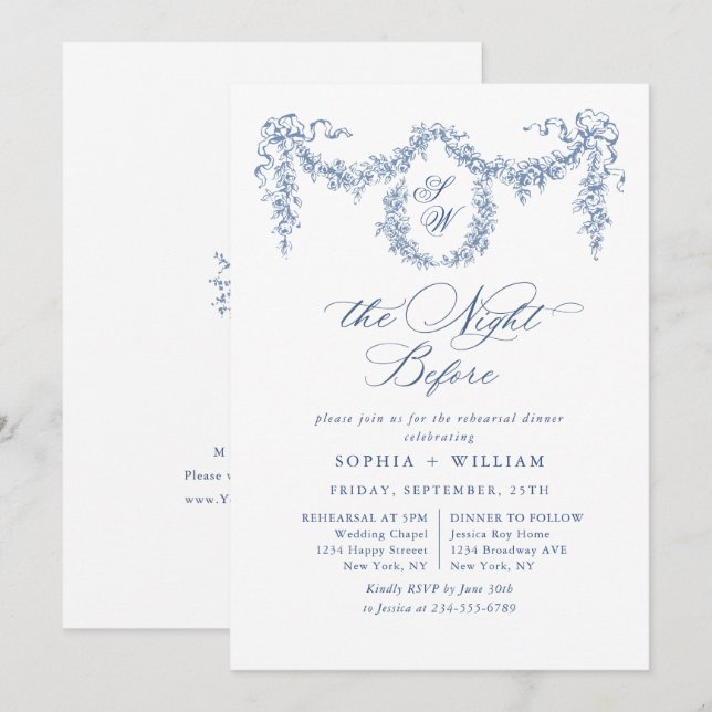 Invitación Elegante Jardín de tela azul francés para la cena (Anverso / Reverso)