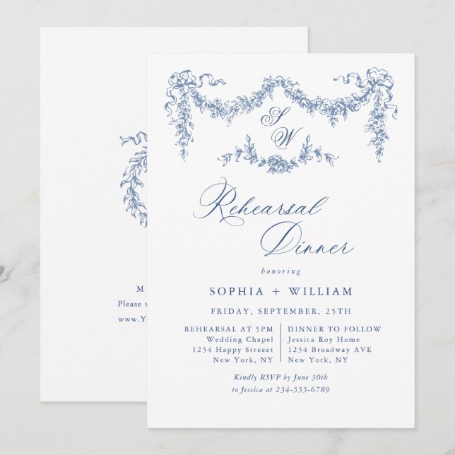 Invitación Elegante Jardín de tela azul francés para la cena (Anverso / Reverso)
