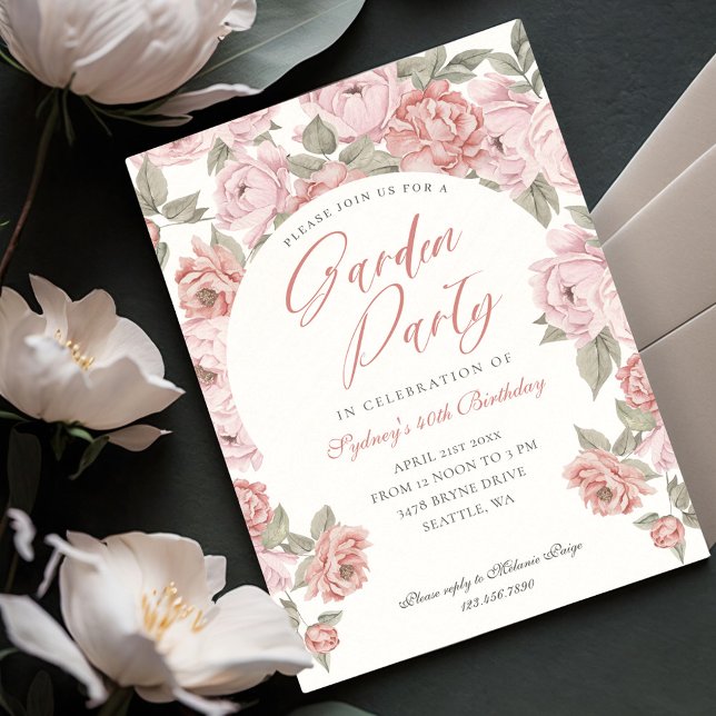Invitación Elegante Jardín Fiesta Pink Peony Florals Cumpleañ (Elegant Garden Party Pink Peony Florals Birthday Invitation)