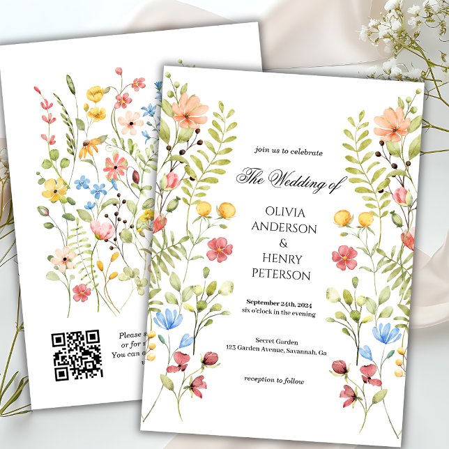 Invitación Elegante Jardín Flor Silvestre Floral QR Boda de c (Subido por el creador)