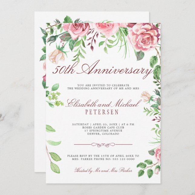 Invitación Elegante Jardín Floral 50 Aniversario de Boda (Anverso / Reverso)