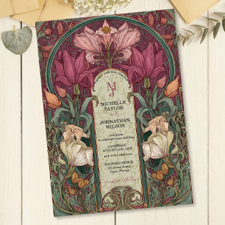 Invitación Elegante jardín floral Art Nouveau vintage burgund
