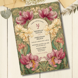 Invitación Elegante jardín floral Art Nouveau vintage burgund