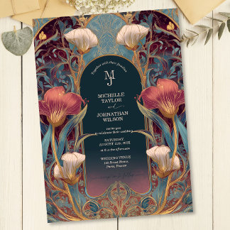 Invitación Elegante jardín floral Art Nouveau vintage burgund