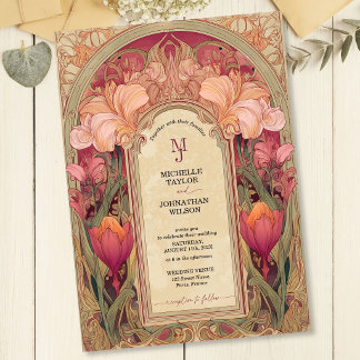 Invitación Elegante jardín floral Art Nouveau vintage burgund