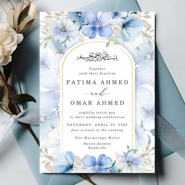 Invitación Elegante jardín floral azul Boda musulmán islámico (Subido por el creador)