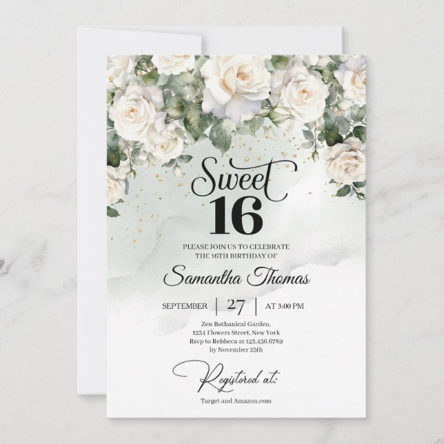 Invitación Elegante Jardín floral de rosas blancas de época (Anverso)