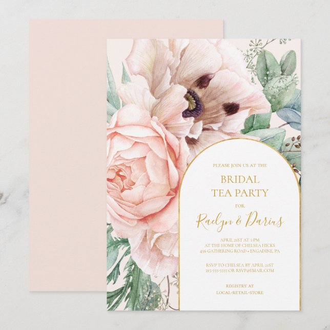 Invitación Elegante Jardín Floral | Pastel Bridal Tea Fiesta (Anverso / Reverso)