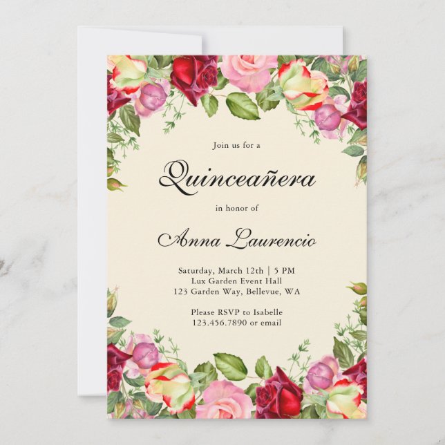Invitación Elegante Jardín Floral Quinceañera (Anverso)