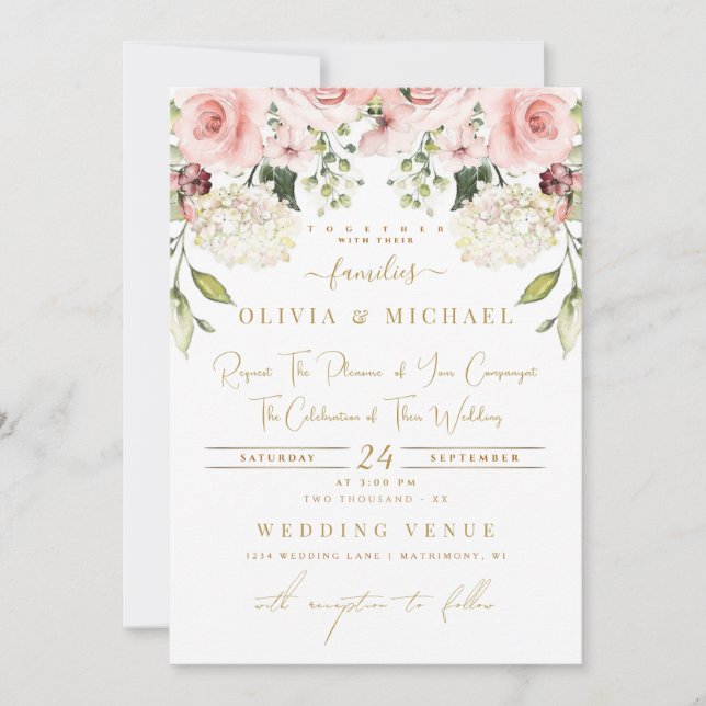 INVITACIÓN ELEGANTE JARDÍN FLORALS ROSA BODA VERDE DE RUBOR (Anverso)