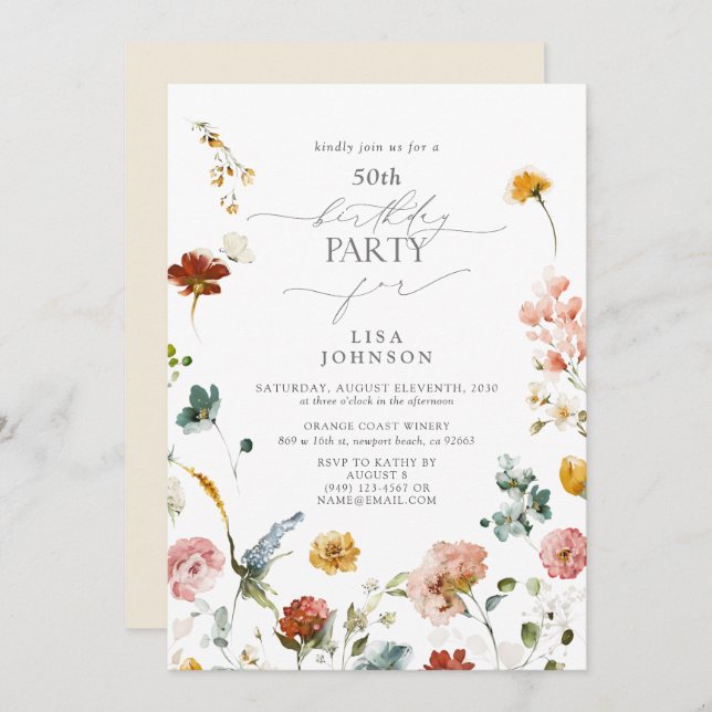 Invitación Elegante Jardín Flores Acuarela 50 cumpleaños (Anverso / Reverso)