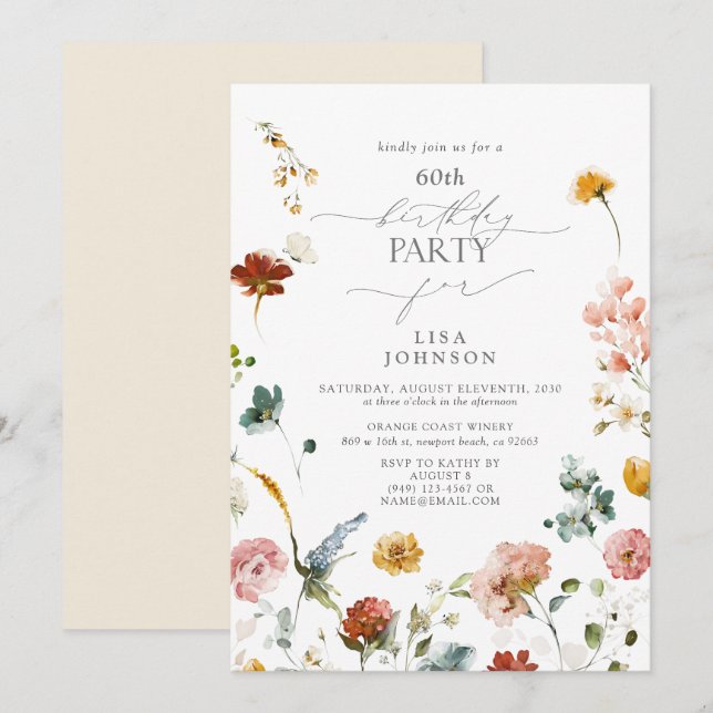Invitación Elegante Jardín Flores Acuarela 60 cumpleaños (Anverso / Reverso)