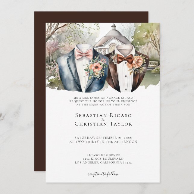 Invitación Elegante jardín gay casar a dos novios en traje (Anverso / Reverso)