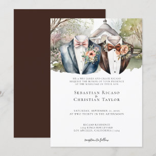 Invitación Elegante jardín gay casar a dos novios en traje