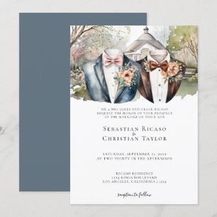 Invitación Elegante jardín gay casar a dos novios en traje