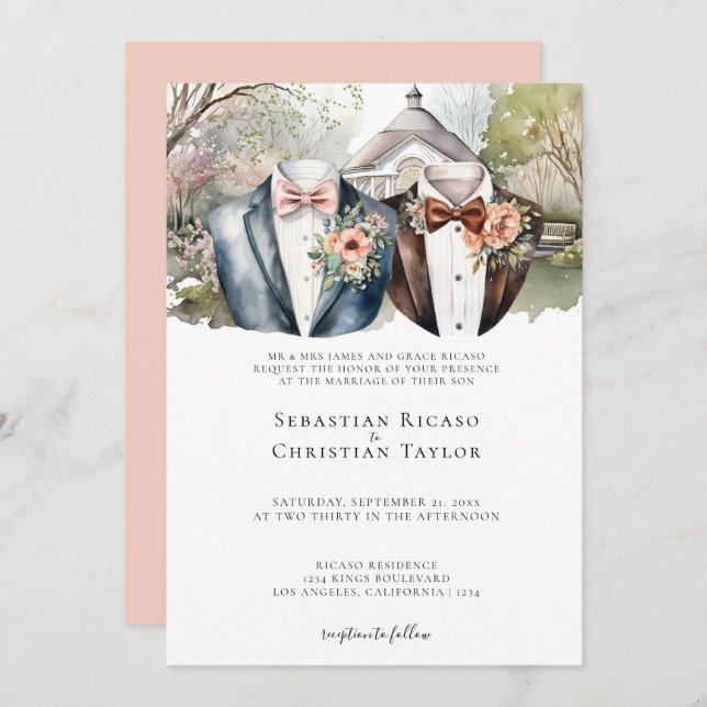 Invitación Elegante jardín gay casar a dos novios en traje (Anverso / Reverso)