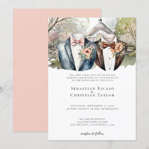 Invitación Elegante jardín gay casar a dos novios en traje