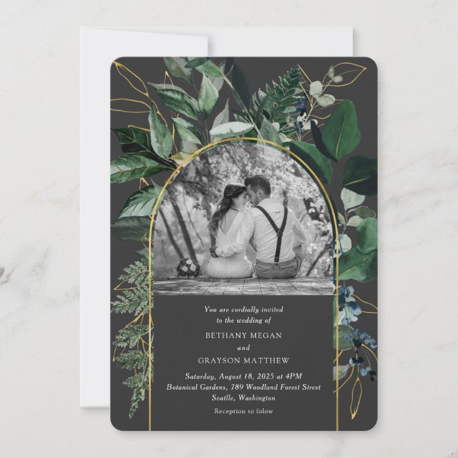 Invitación Elegante jardín moderno de vegetación, boda de fot (Anverso)